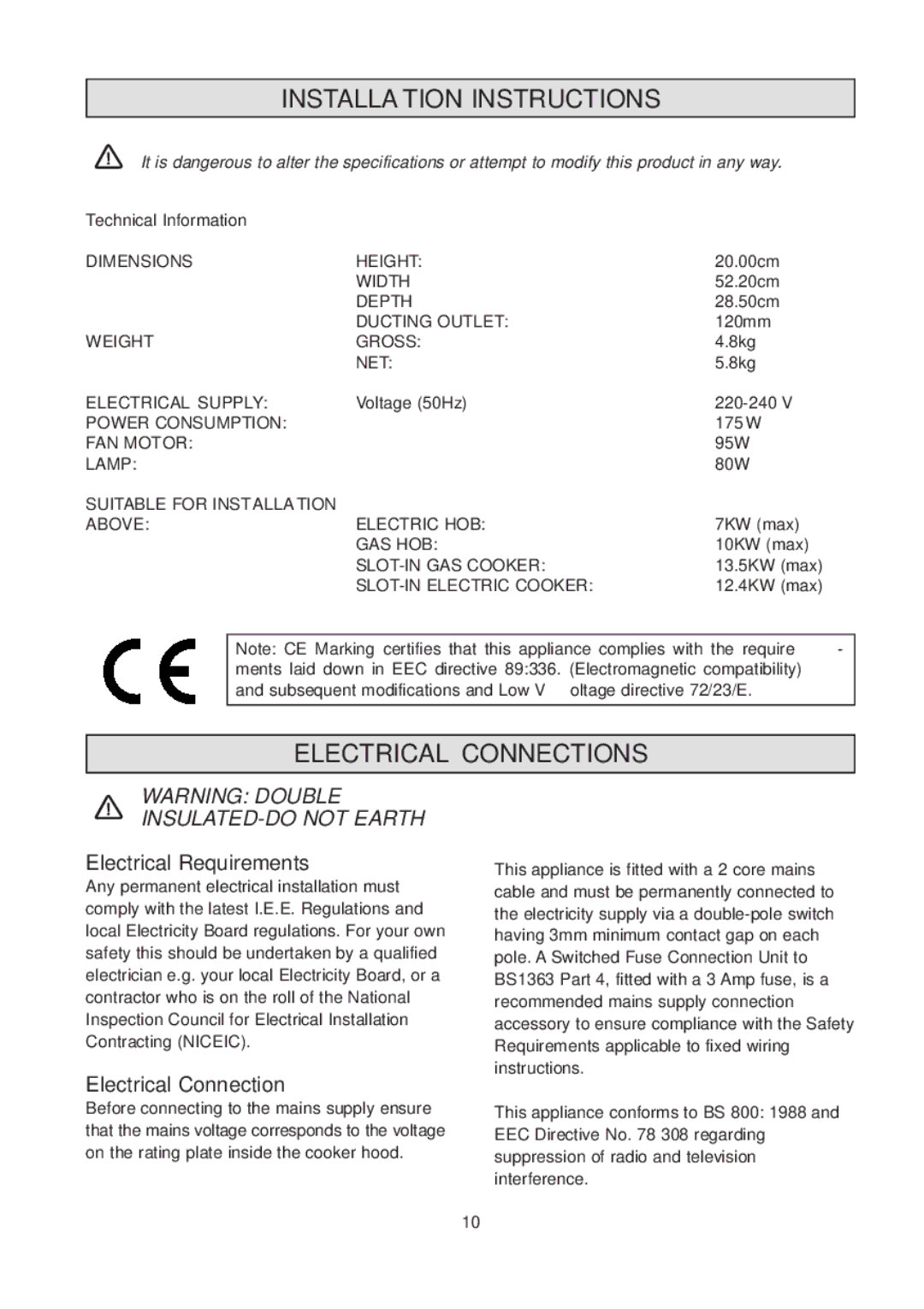 Zanussi CH 6029 GR manual Installation Instructions, Electrical Connections, Electrical Requirements 