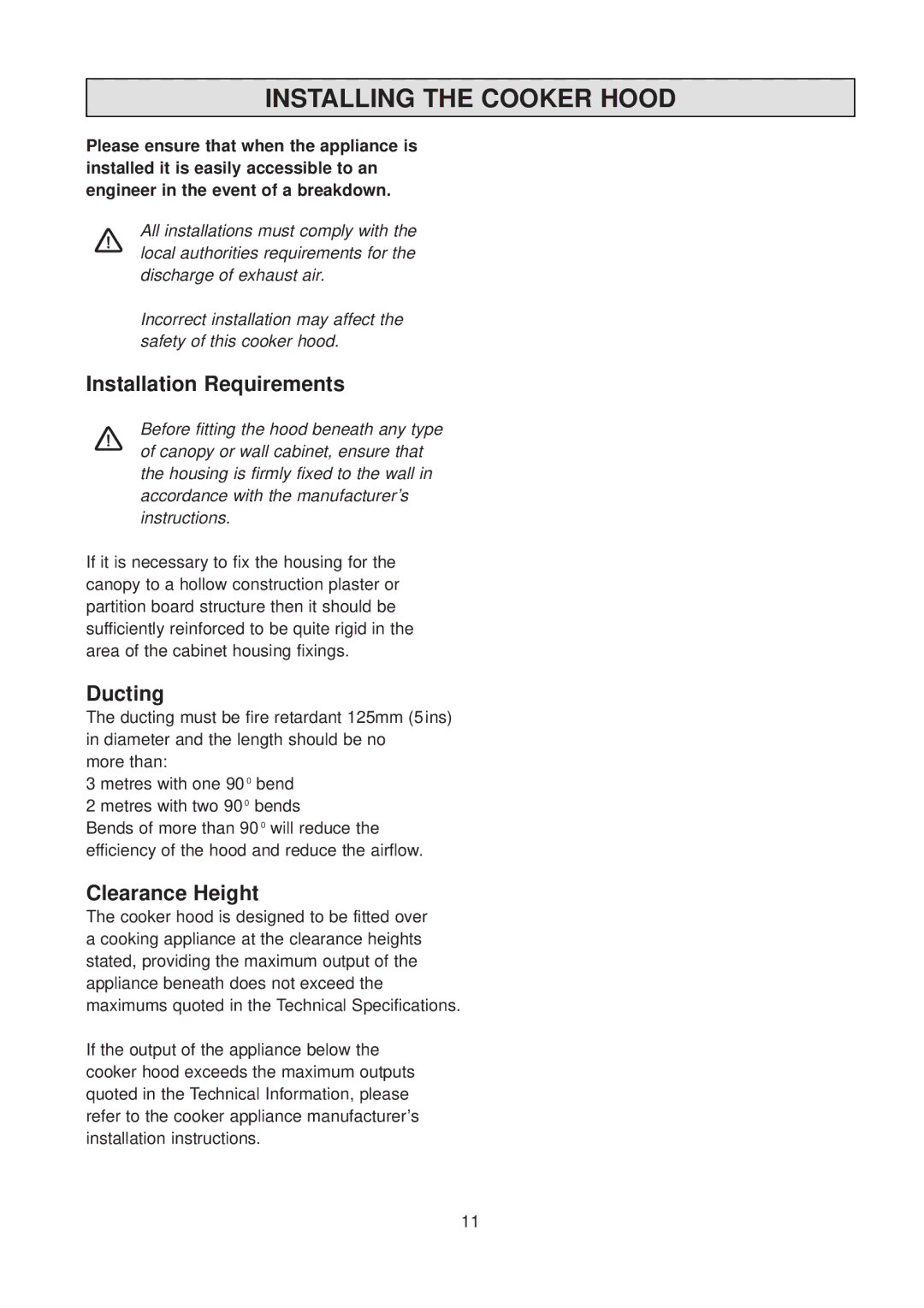 Zanussi CH 6029 GR manual Installing the Cooker Hood, Installation Requirements, Ducting, Clearance Height 