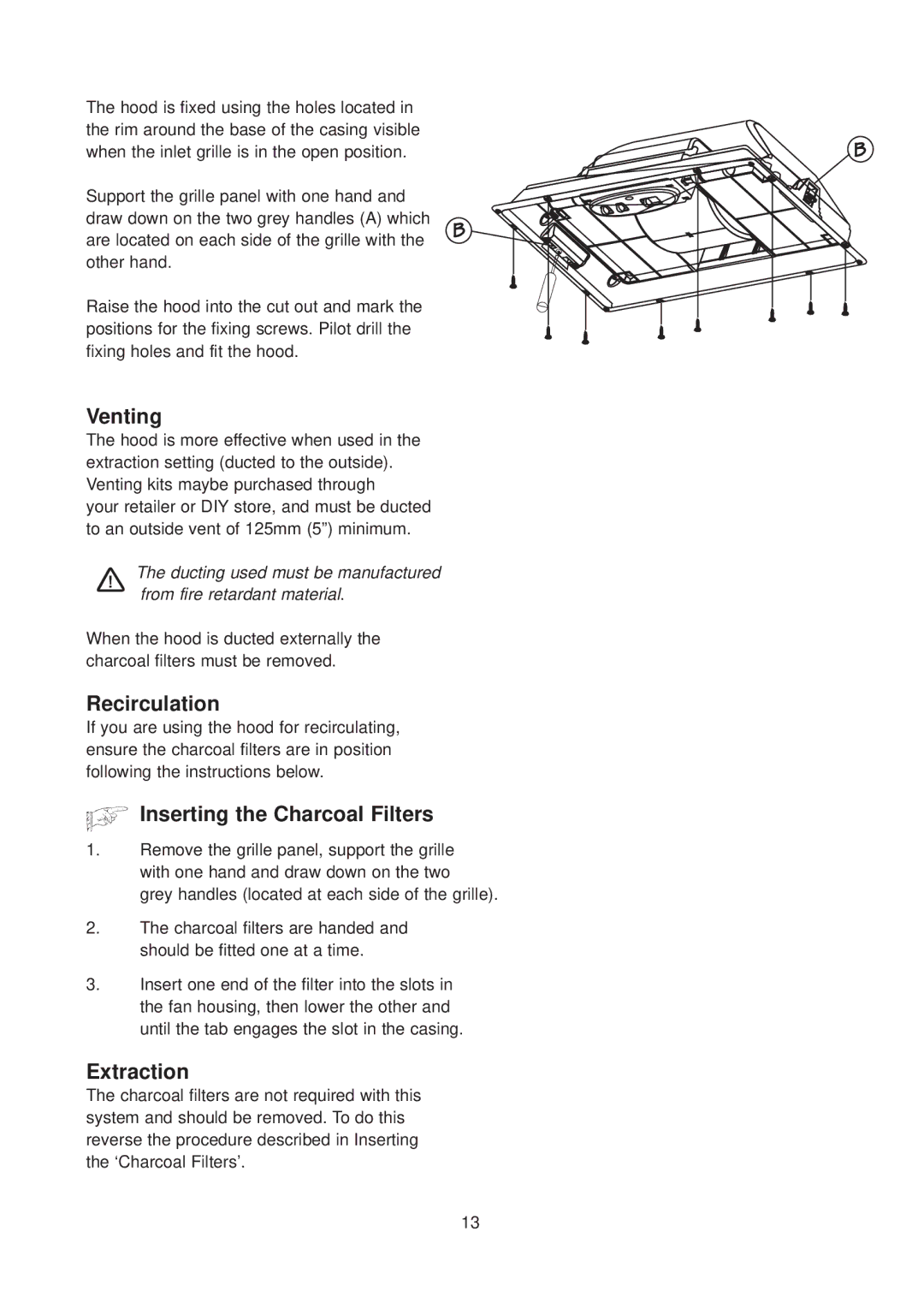 Zanussi CH 6029 GR manual Venting, Inserting the Charcoal Filters 