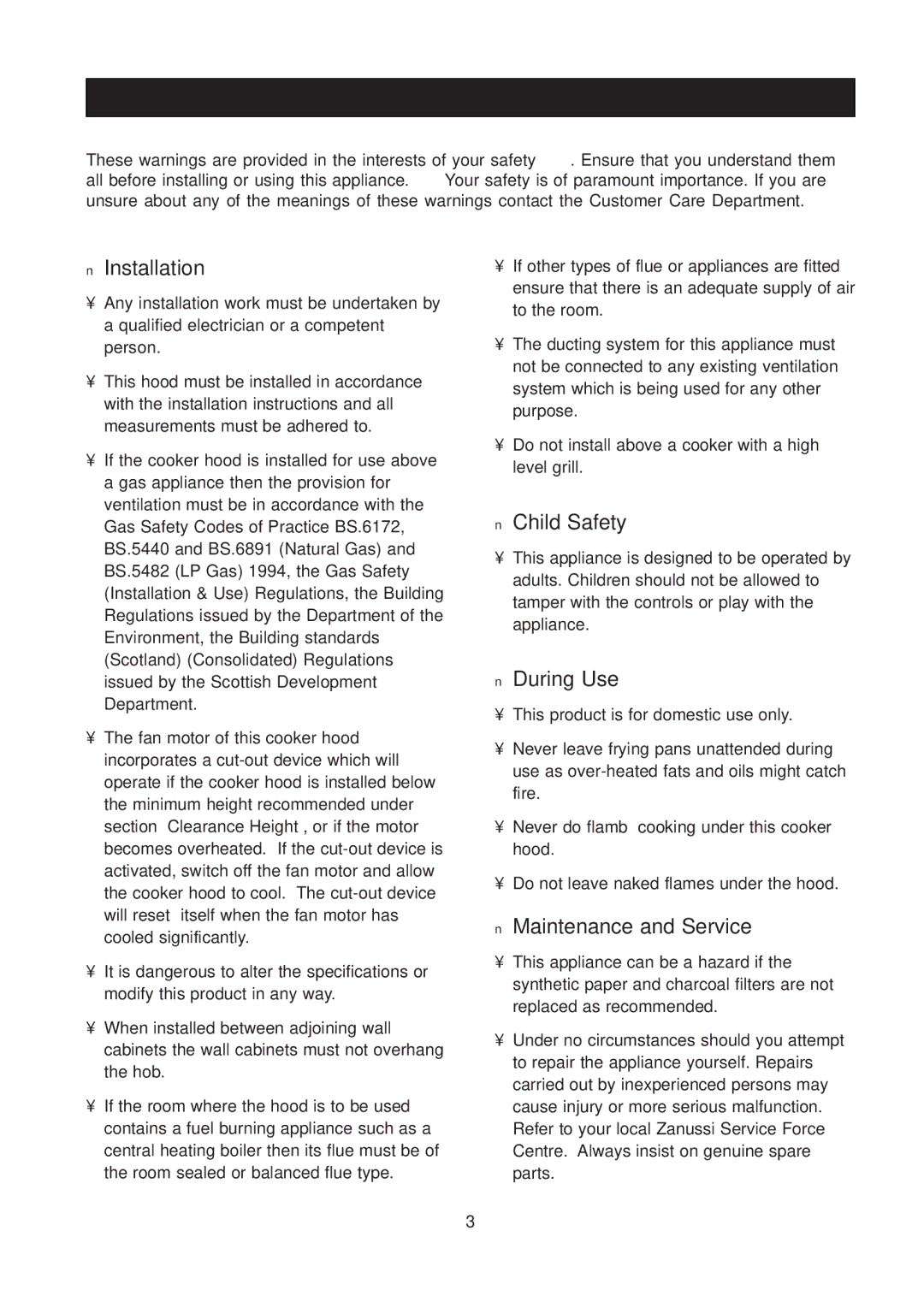 Zanussi CH 6029 GR manual Important Safety Information, Installation, Child Safety, During Use, Maintenance and Service 