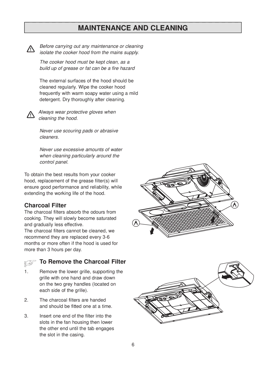 Zanussi CH 6029 GR manual Maintenance and Cleaning, To Remove the Charcoal Filter 