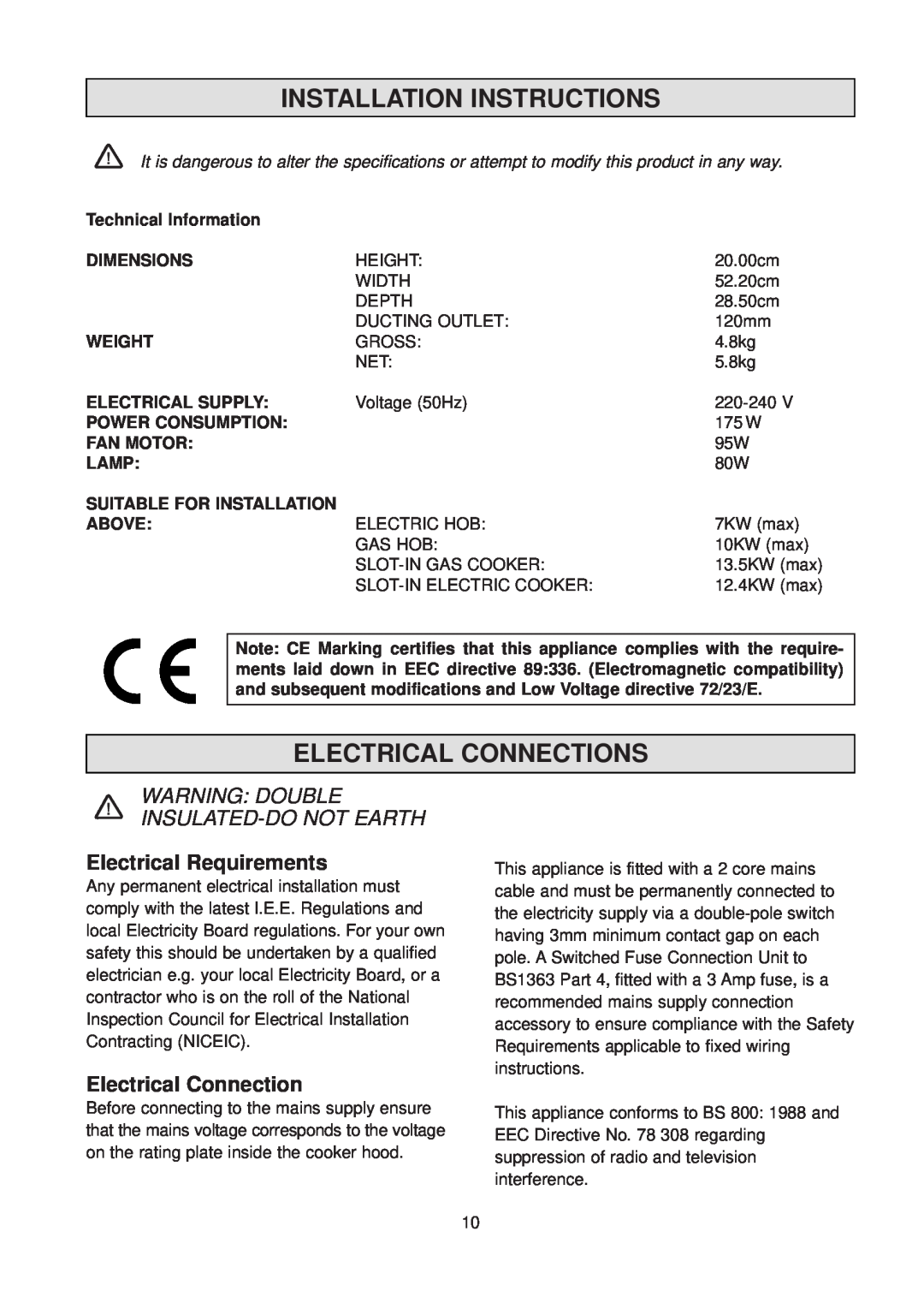 Zanussi CH 6029 GR Installation Instructions, Electrical Connections, Electrical Requirements, Technical Information, Lamp 