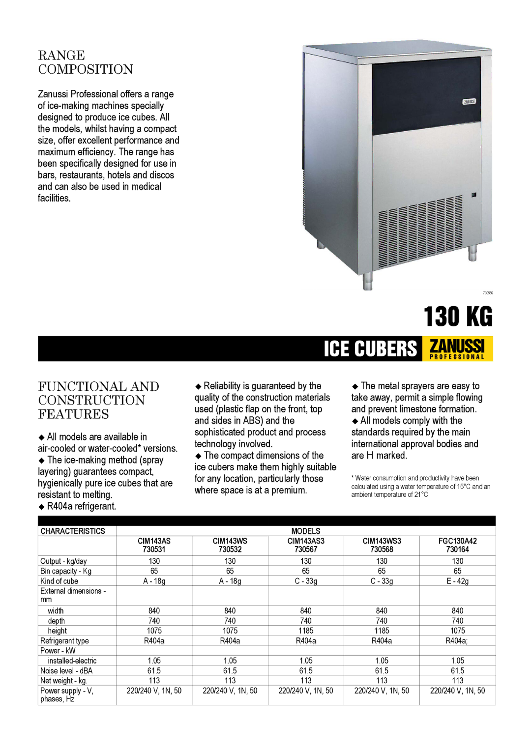 Zanussi FGC130A42, CIM143WS3, CIM143AS3, 730568 dimensions 130 KG, Range Composition, Functional and Construction Features 