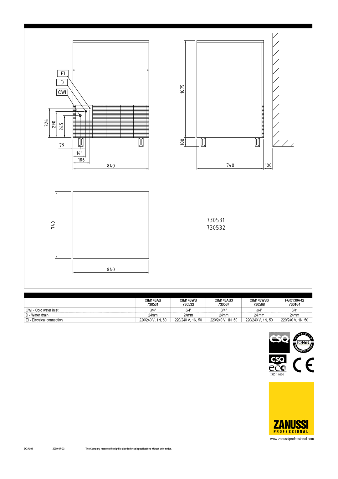 Zanussi CIM143AS3, CIM143WS3, FGC130A42, 730568, 730531, 730567, 730532, 730164 dimensions Zanussi, O F E S S I O N a L, DDAL01 