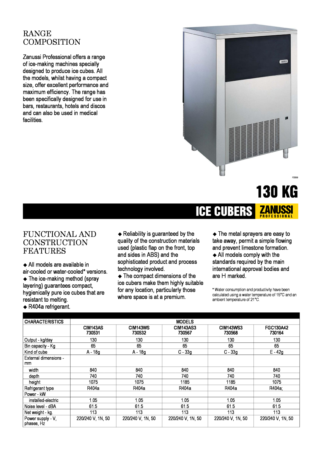 Zanussi FGC130A42, CIM143WS3, CIM143AS3, 730568 dimensions 130 KG, Range Composition, Functional And Construction Features 