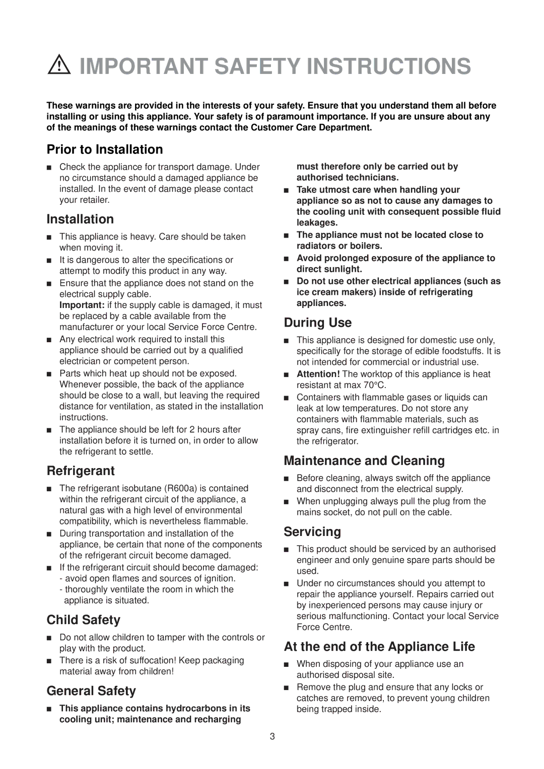 Zanussi CL 50 SI manual Important Safety Instructions 