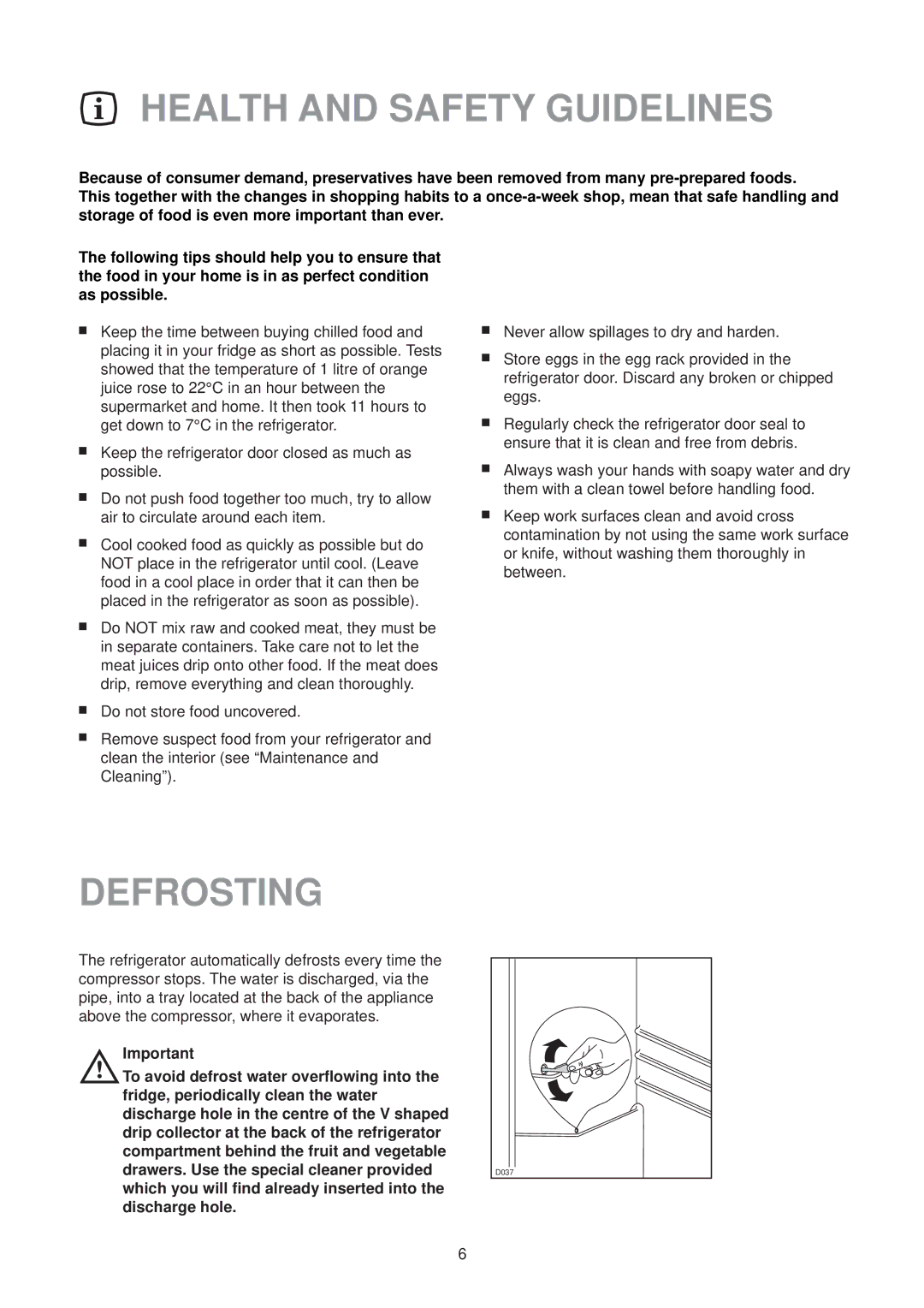 Zanussi CL 50 SI manual Health and Safety Guidelines, Defrosting 