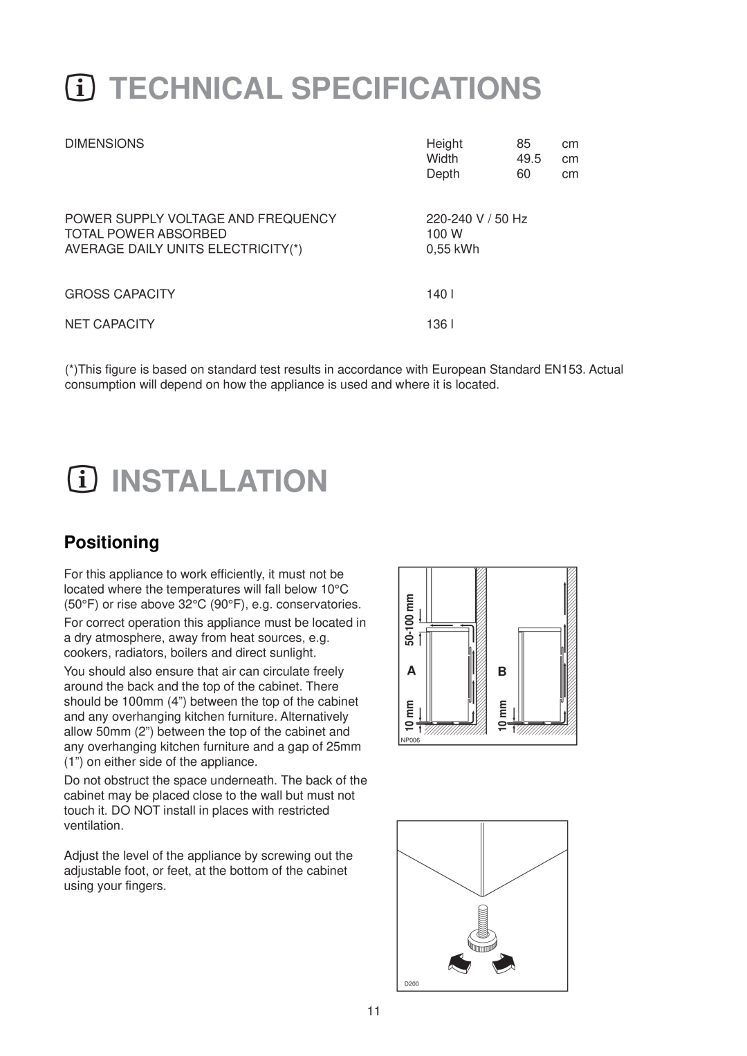 Zanussi CL 50 SI manual Technical Specifications, Installation, Positioning 