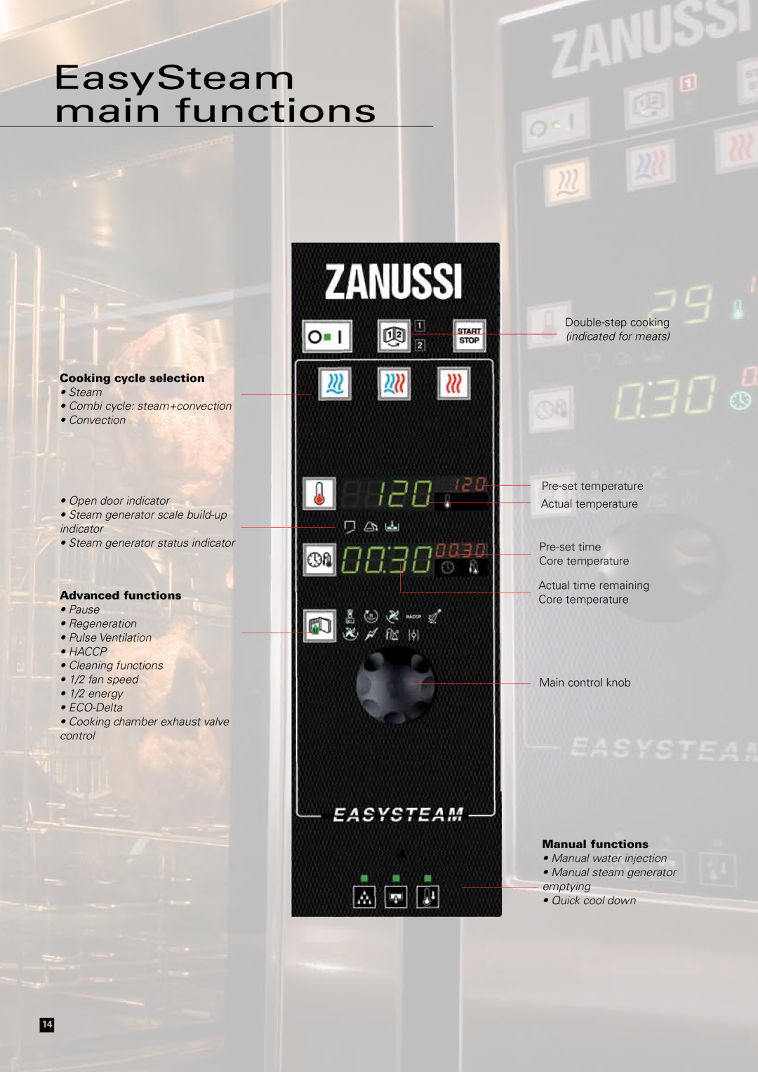 Zanussi Convection Oven manual Cooking cycle selection, Advanced functions, Manual functions 