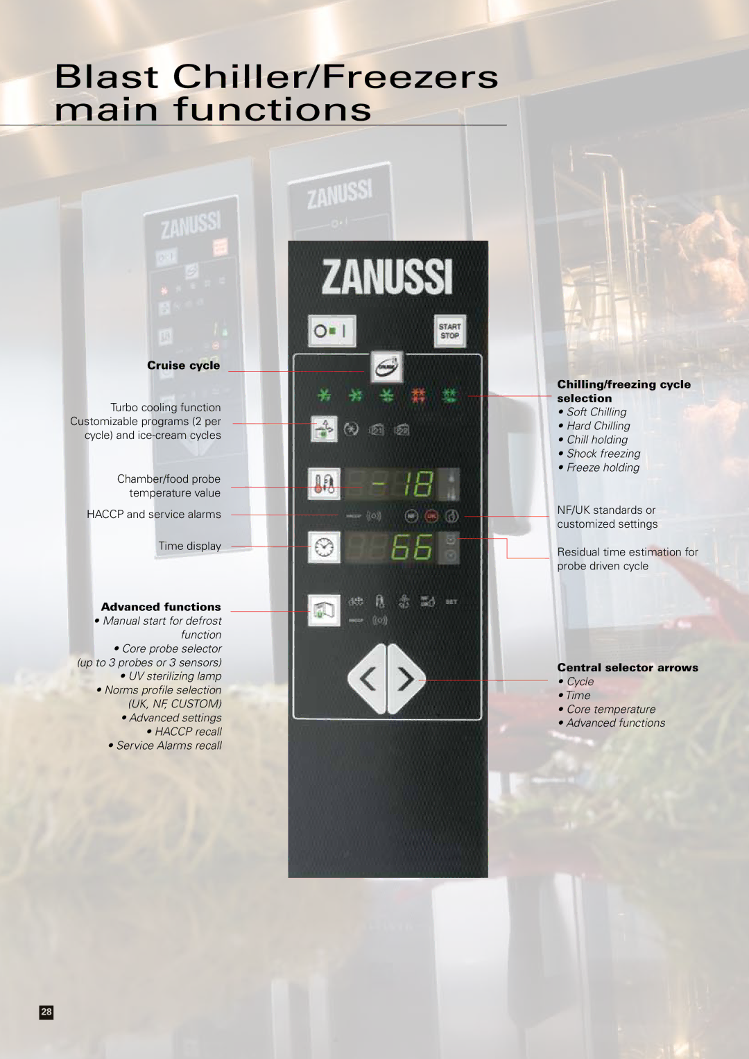 Zanussi Convection Oven manual Cruise cycle, Chilling/freezing cycle selection, Central selector arrows 