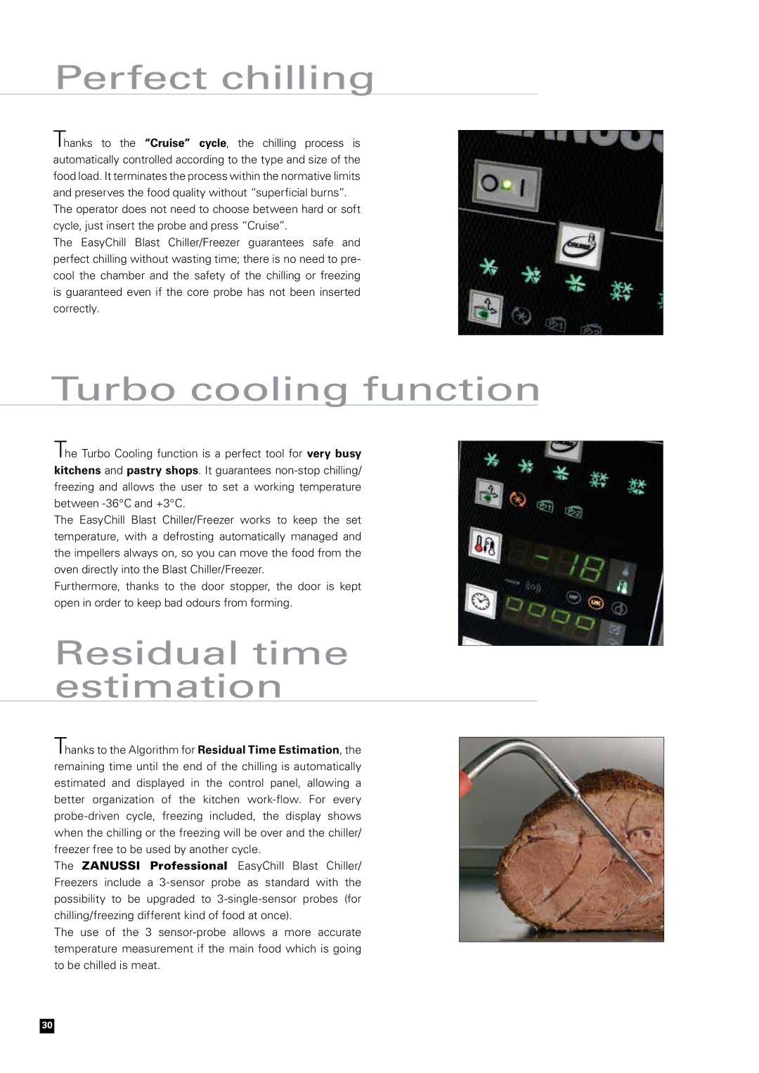 Zanussi Convection Oven manual Perfect chilling, Turbo cooling function, Residual time estimation 