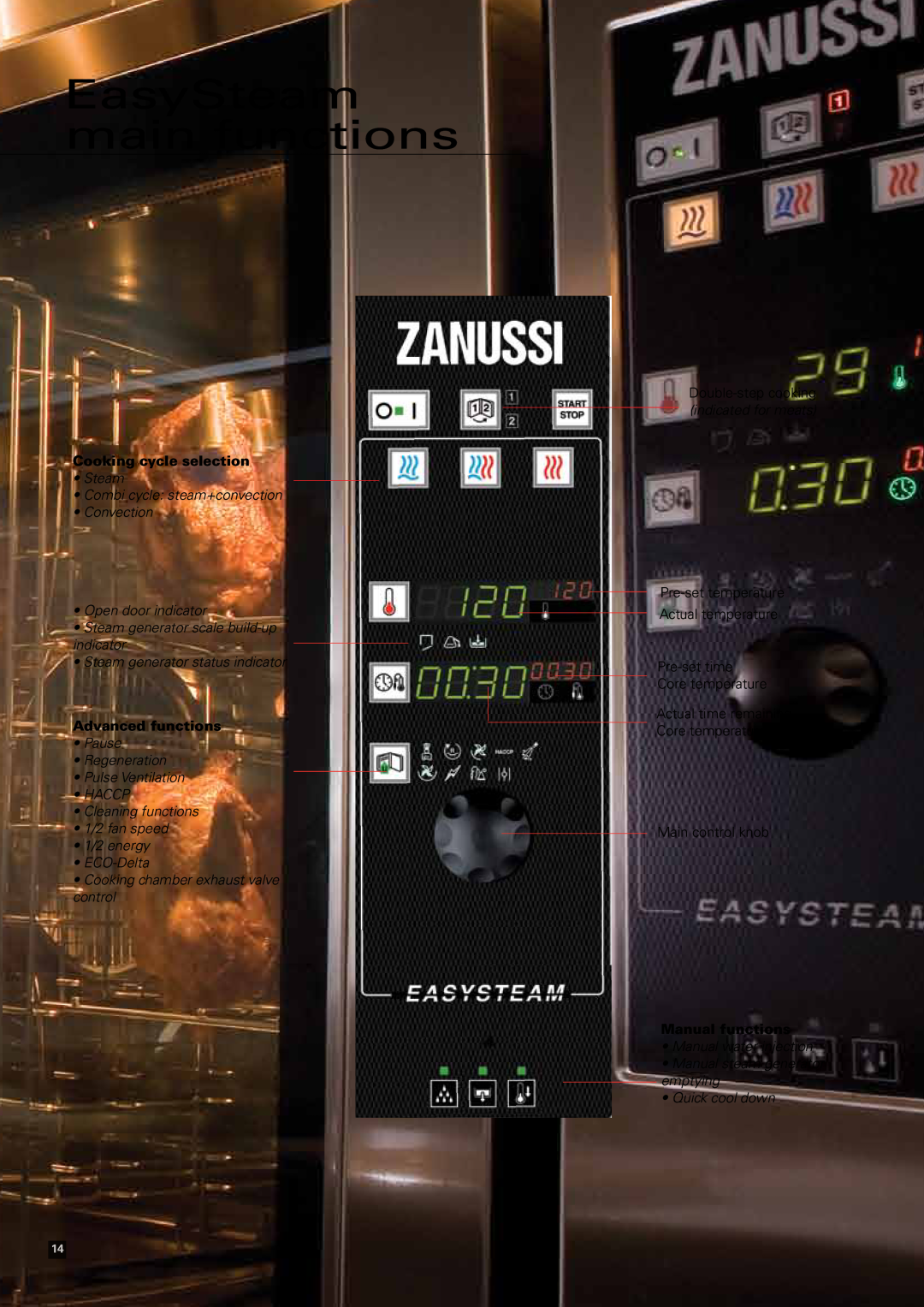 Zanussi Convection Oven manual EasySteam main functions, Cooking cycle selection, Advanced functions, Manual functions 