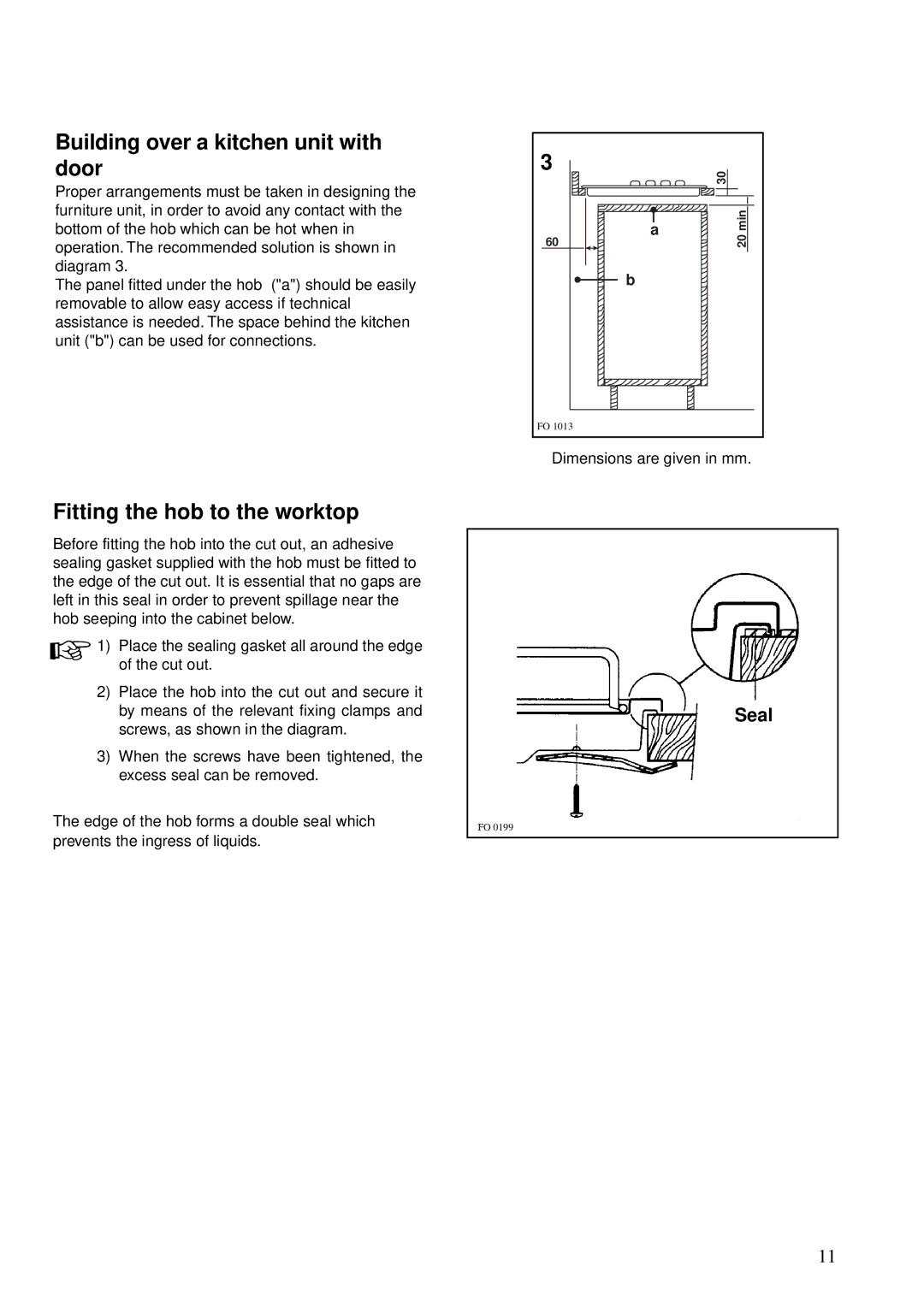 Zanussi Cook Plate manual Building over a kitchen unit with door, Fitting the hob to the worktop, Seal 