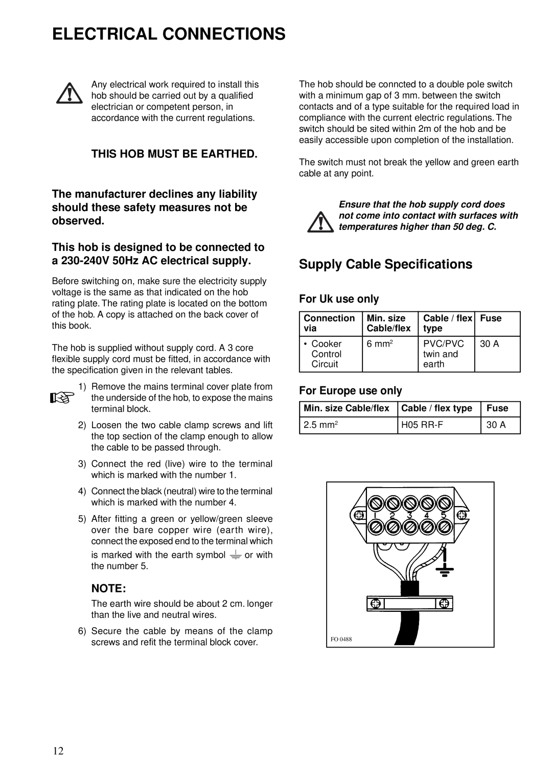 Zanussi Cook Plate manual Electrical Connections, Supply Cable Specifications, This HOB Must be Earthed, For Uk use only 