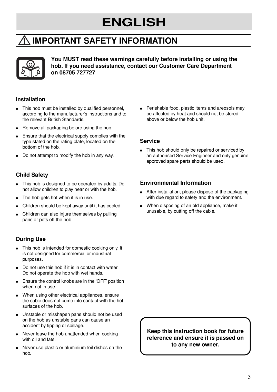 Zanussi Cook Plate manual Important Safety Information, Service, Child Safety, Environmental Information, During Use 