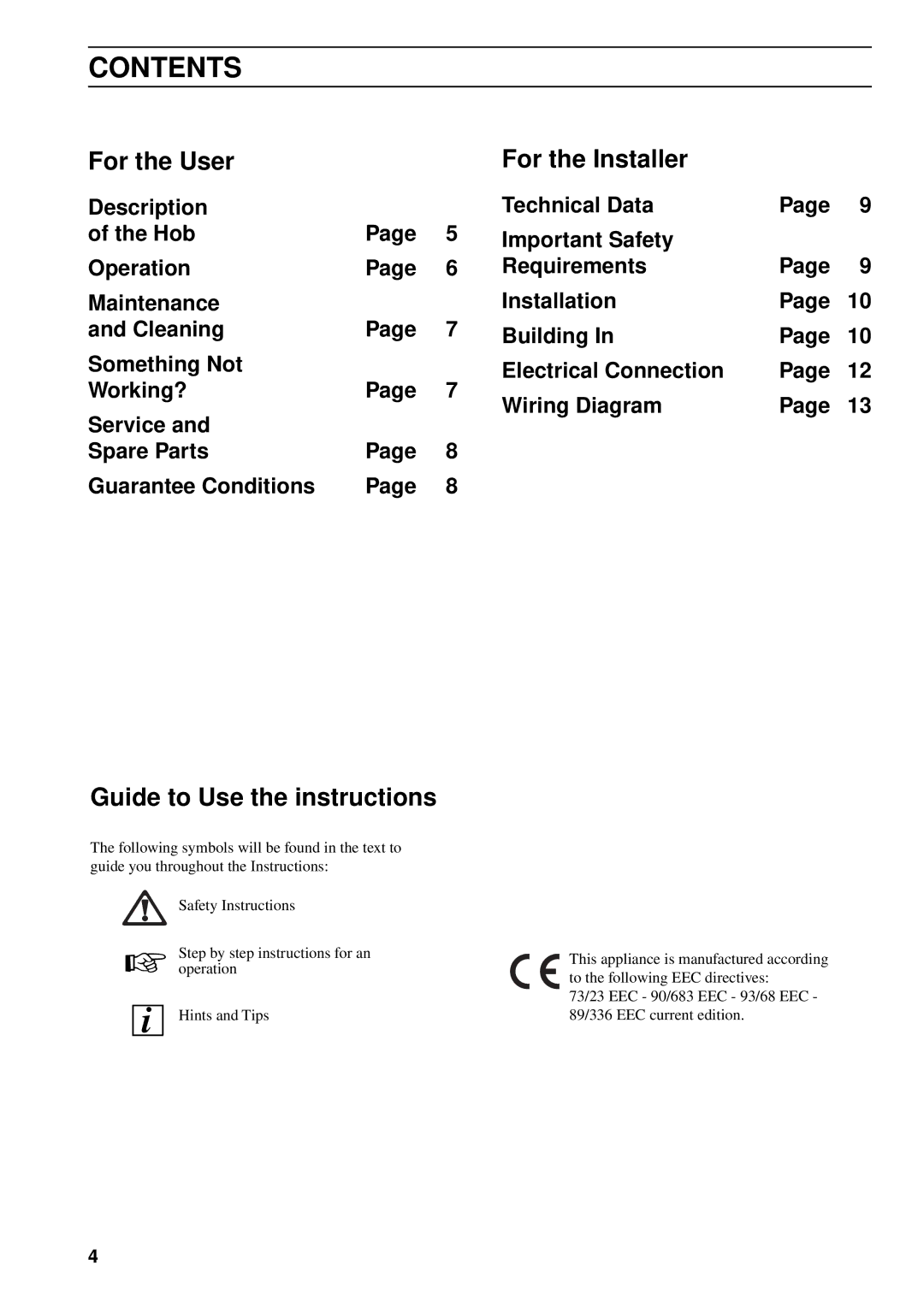 Zanussi Cook Plate manual Contents 