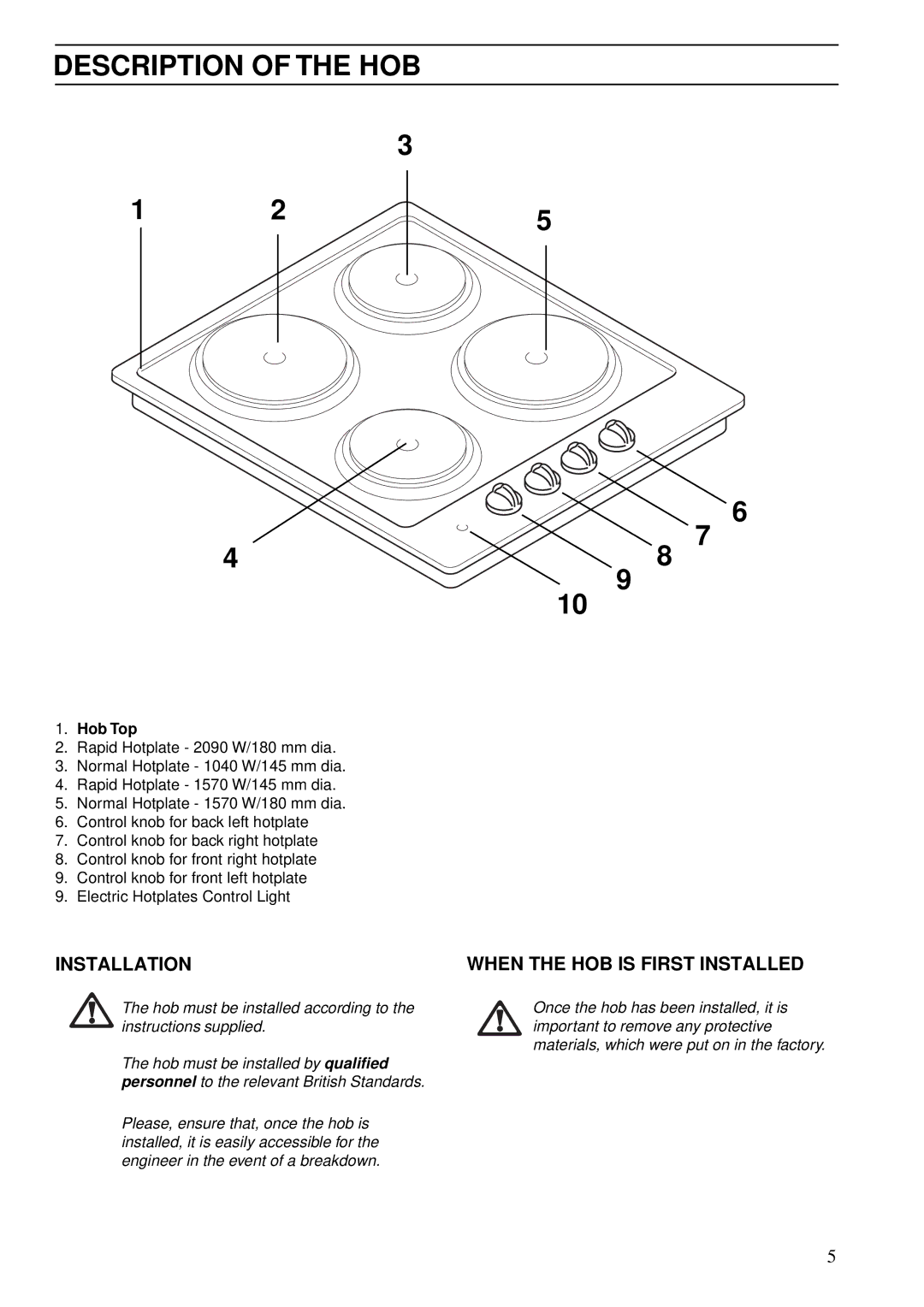 Zanussi Cook Plate manual Description of the HOB, Installation, Hob Top 