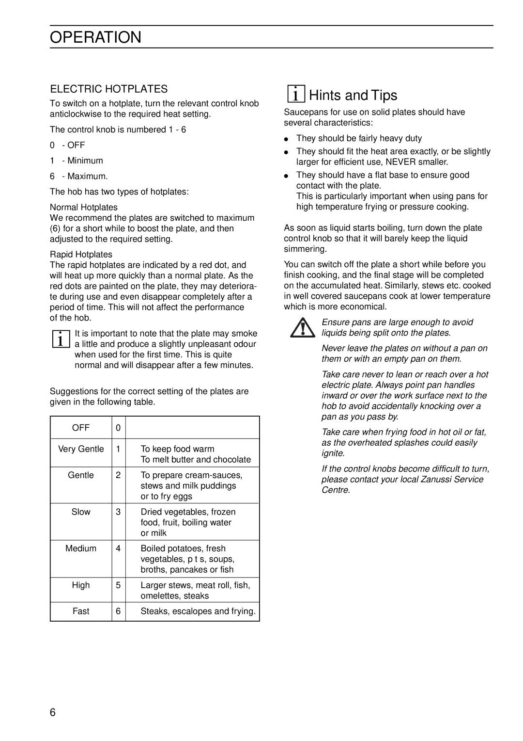 Zanussi Cook Plate manual Operation, Hints and Tips, Electric Hotplates, Normal Hotplates, Rapid Hotplates 