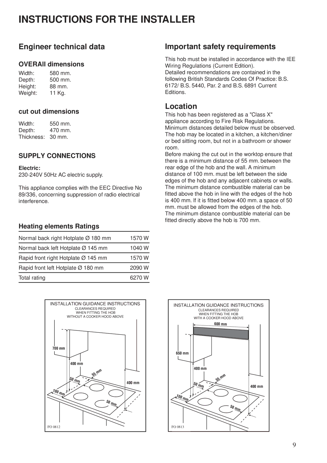 Zanussi Cook Plate manual Instructions for the Installer, Engineer technical data, Important safety requirements, Location 