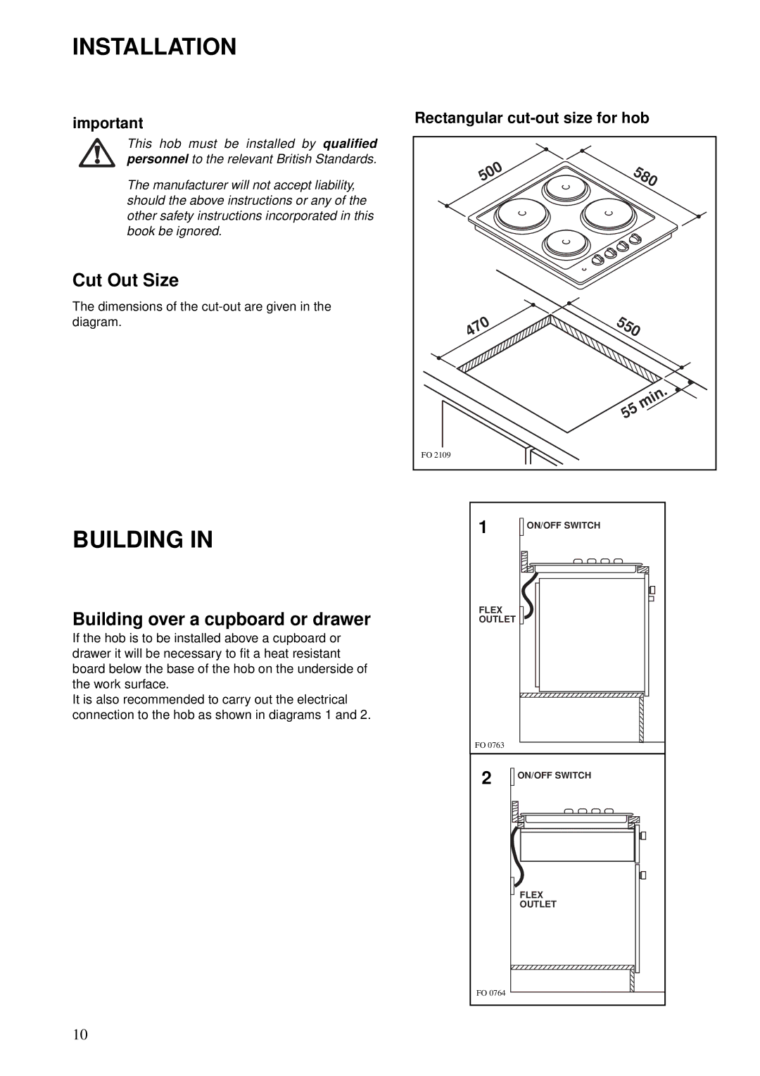 Zanussi Cook Plate manual Installation, Building, 580, 550 