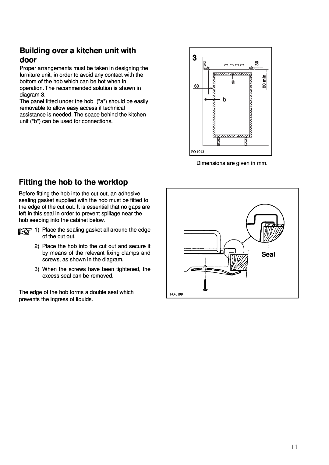 Zanussi Cook Plate manual Building over a kitchen unit with door, Fitting the hob to the worktop, Seal 