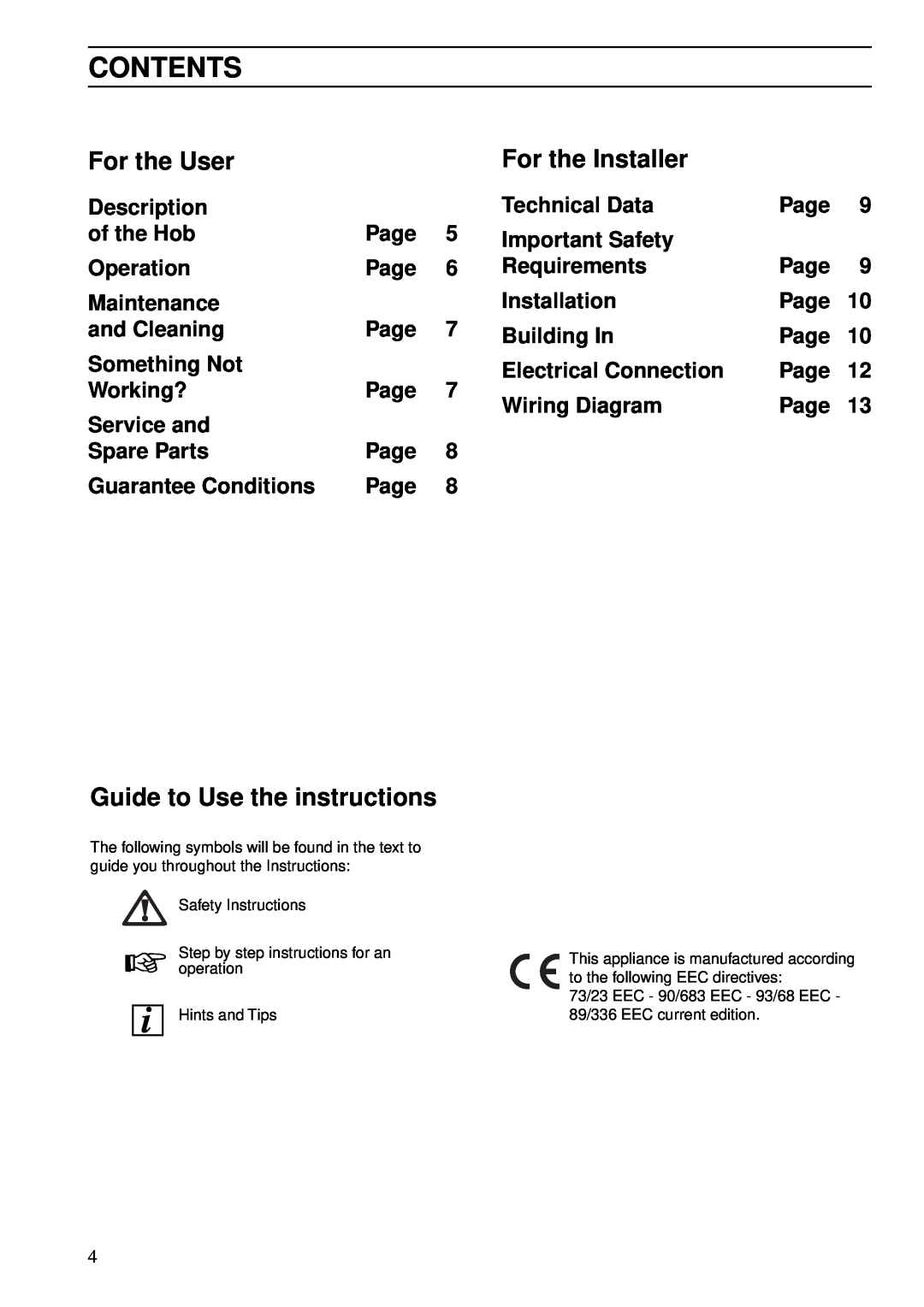 Zanussi Cook Plate manual Contents, For the User, For the Installer, Guide to Use the instructions 