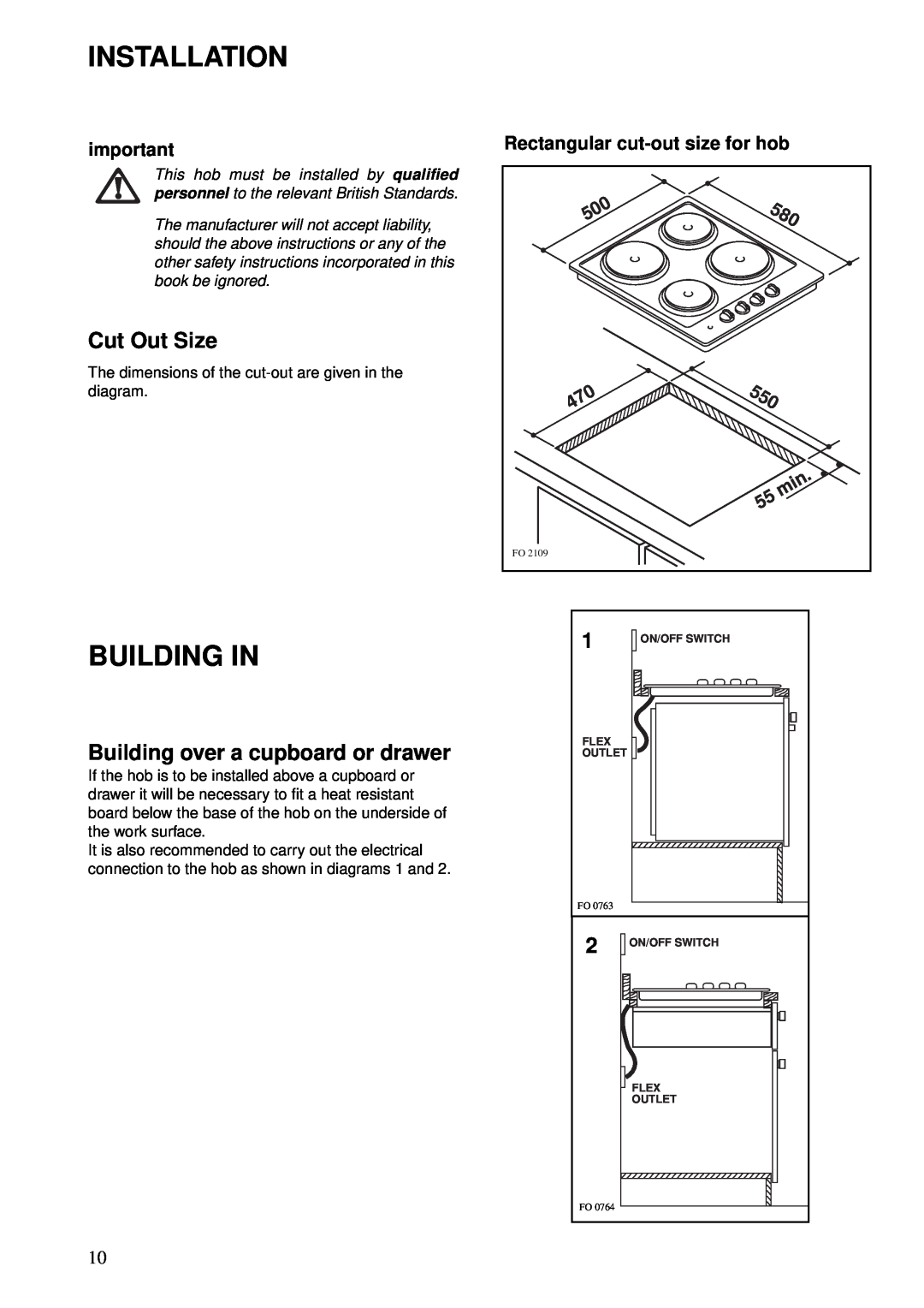 Zanussi Cook Plate manual Installation, Building In, Cut Out Size, Building over a cupboard or drawer 