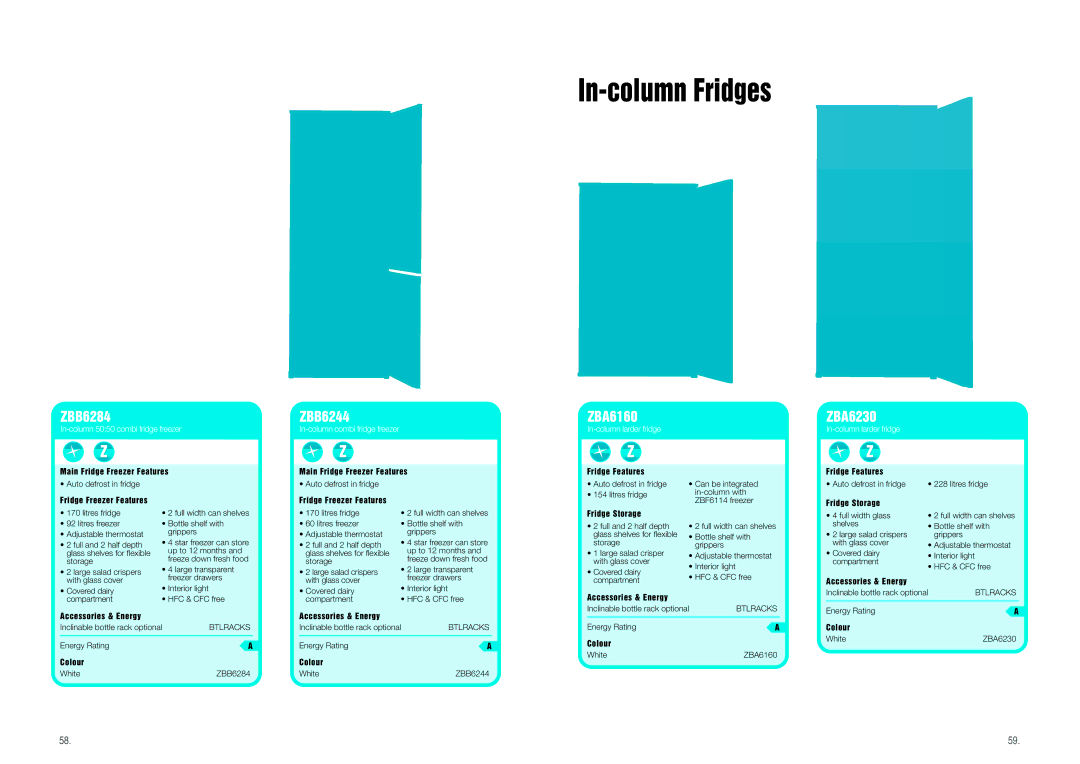 Zanussi Cool & Fresh manual In-column Fridges, ZBB6284, ZBB6244, ZBA6160, ZBA6230 