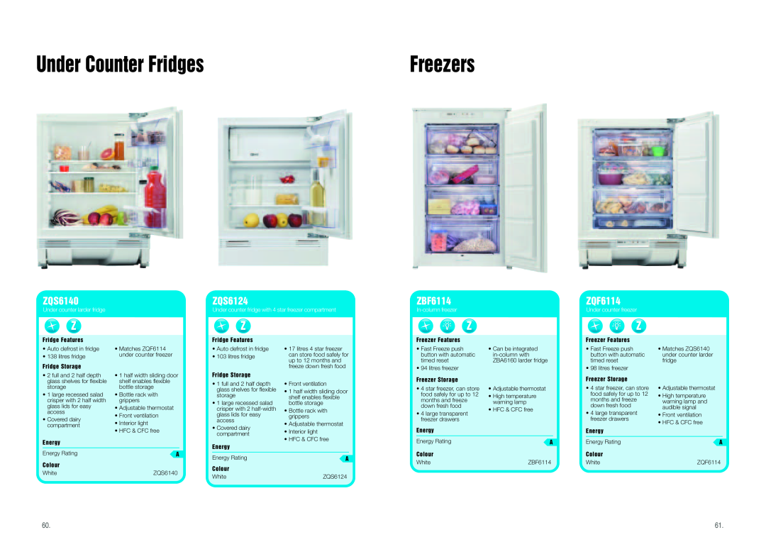 Zanussi Cool & Fresh Under Counter Fridges, ZQS6140, ZQS6124, ZBF6114, ZQF6114, Under counter larder fridge, Freezers 