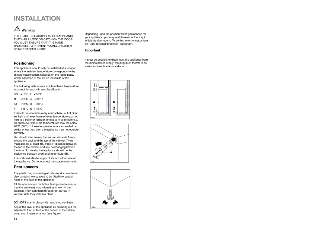 Zanussi CZC 16/9 FA manual Installation, Positioning, Rear spacers 