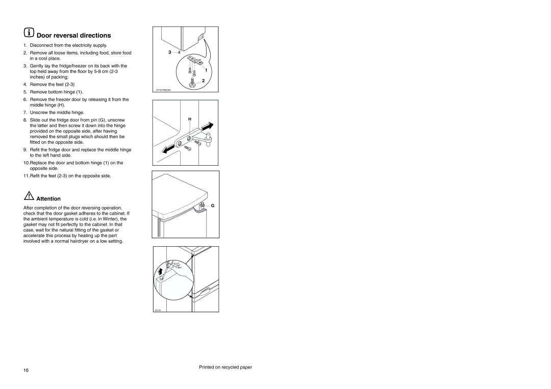 Zanussi CZC 16/9 FA manual Door reversal directions 