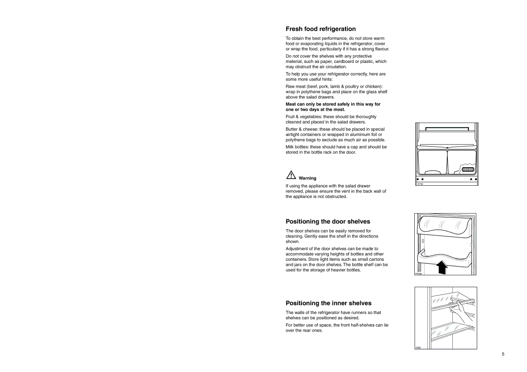 Zanussi CZC 16/9 FA manual Fresh food refrigeration, Positioning the door shelves, Positioning the inner shelves 