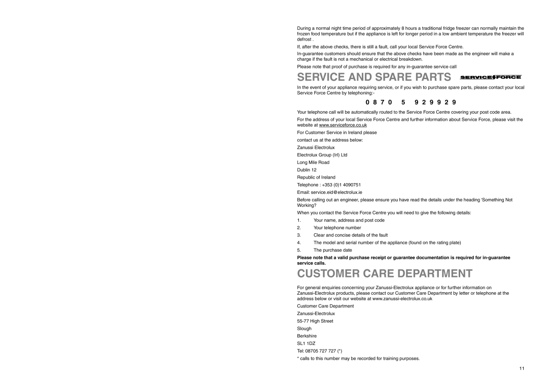 Zanussi CZC 17/6 A manual Service And Spare Parts, Customer Care Department, 9 2 