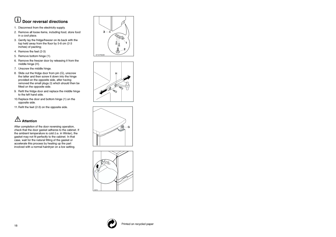 Zanussi CZF 145 W manual Door reversal directions 