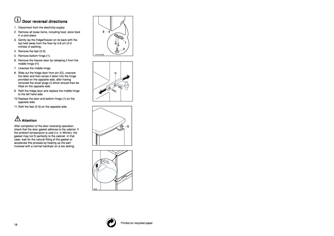 Zanussi CZF 145 W manual Door reversal directions 