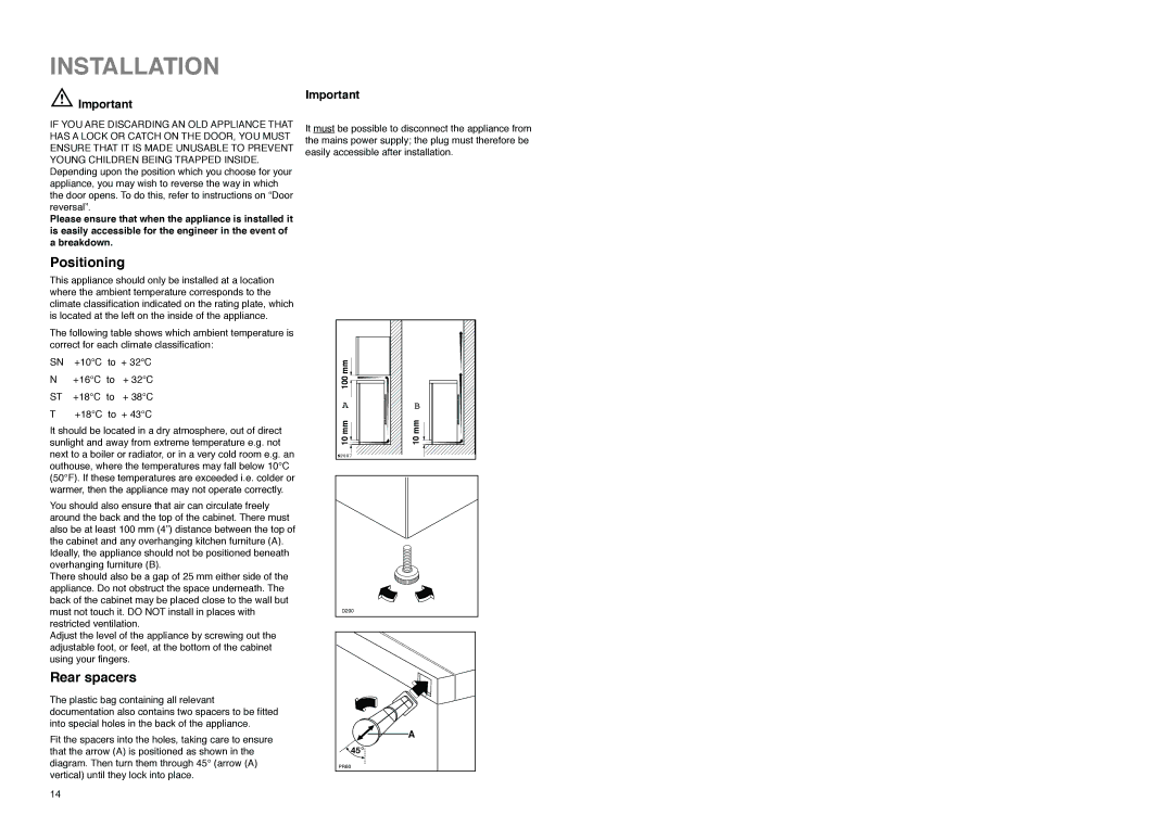 Zanussi CZL 145 W manual Installation, Positioning, Rear spacers 