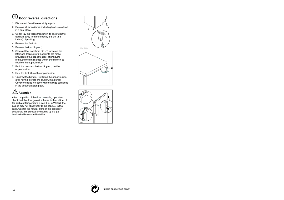 Zanussi CZL 145 W manual Door reversal directions 