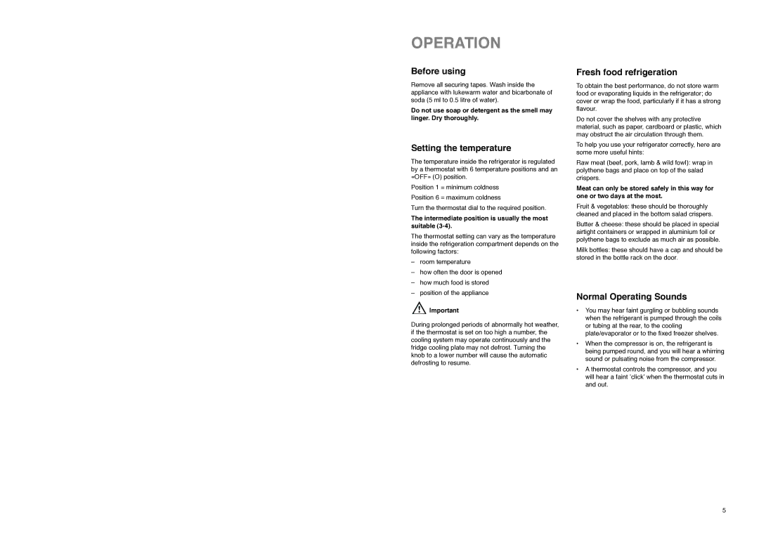 Zanussi CZL 145 W Operation, Before using, Setting the temperature, Fresh food refrigeration, Normal Operating Sounds 