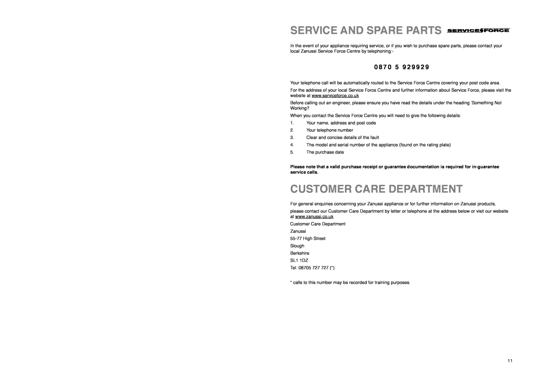Zanussi CZL 145 W manual Service And Spare Parts, Customer Care Department, 0 8 7 0 5 9 2 9 9 