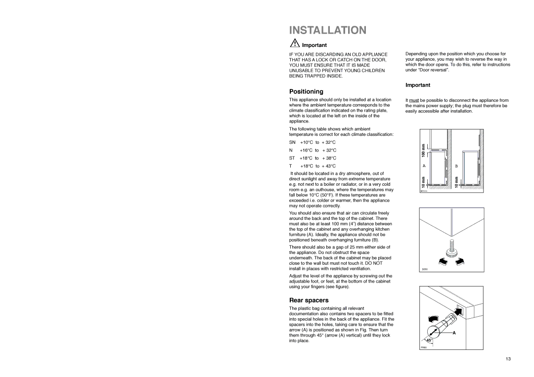 Zanussi CZUF 145 W manual Installation, Positioning 