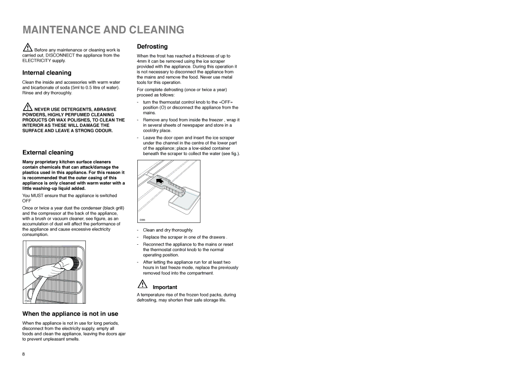 Zanussi CZUF 145 W manual Maintenance and Cleaning, Internal cleaning, External cleaning, When the appliance is not in use 