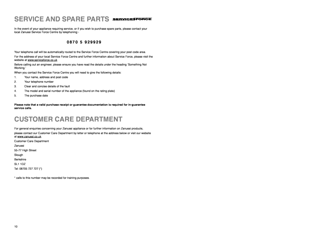 Zanussi CZUF 145 W manual Service And Spare Parts, Customer Care Department, 0 8 7 0 5 9 2 9 