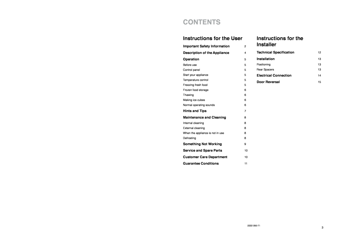 Zanussi CZUF 145 W manual Contents, Instructions for the User, Instructions for the Installer 