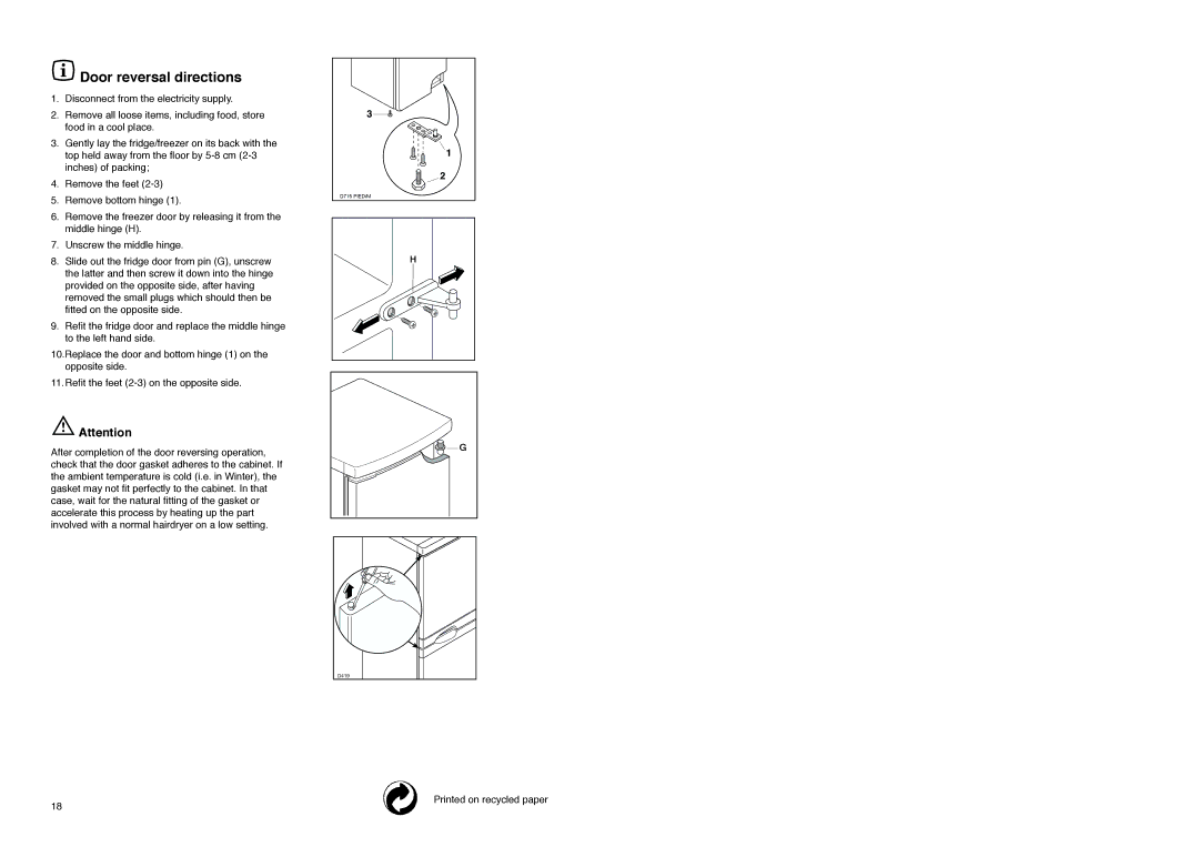 Zanussi CZX 165 SI, CZX 165 W manual Door reversal directions 