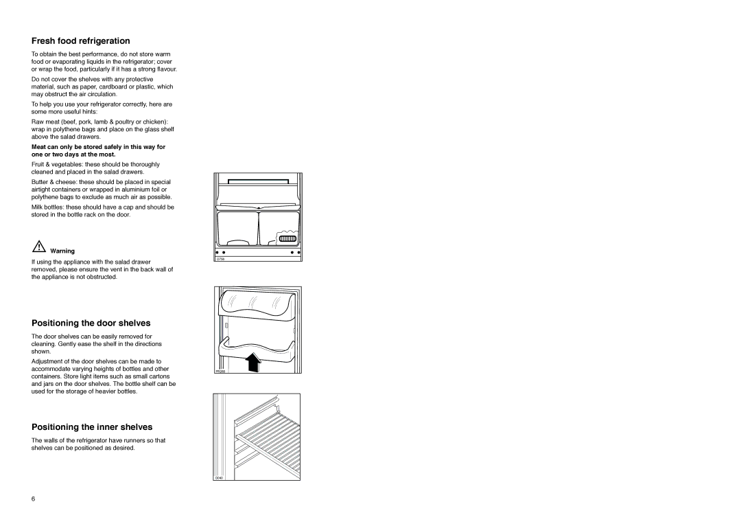 Zanussi CZX 165 SI, CZX 165 W manual Fresh food refrigeration, Positioning the door shelves, Positioning the inner shelves 