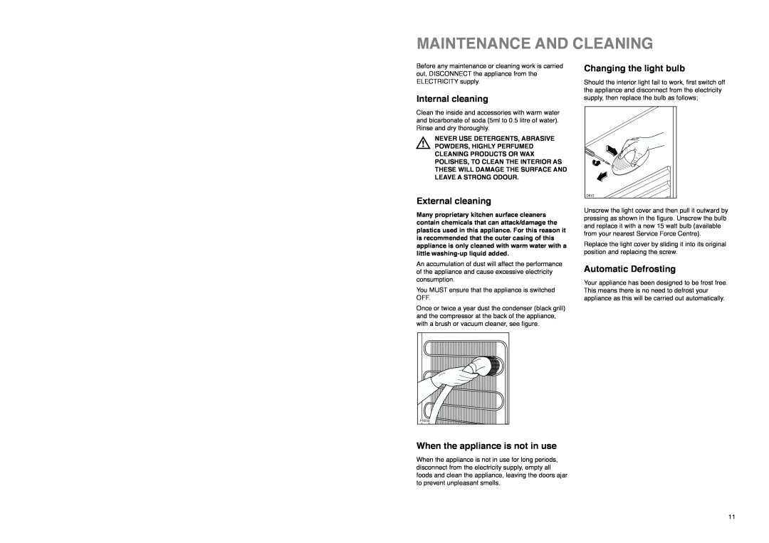 Zanussi CZX 165 W, CZX 165 SI manual Maintenance And Cleaning, Internal cleaning, External cleaning, Changing the light bulb 