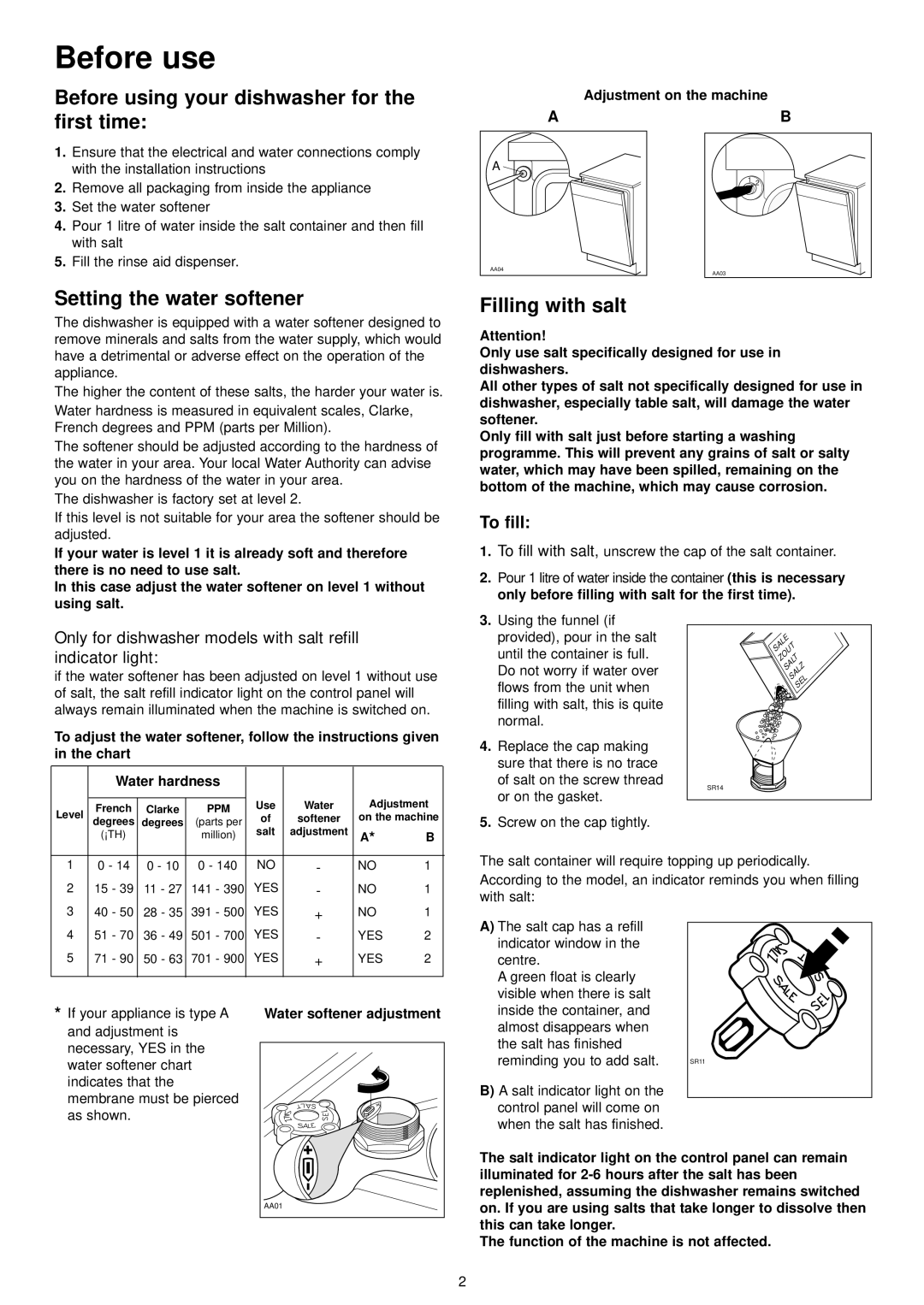 Zanussi DA 4131 Before use, Before using your dishwasher for, First time, Setting the water softener, Filling with salt 