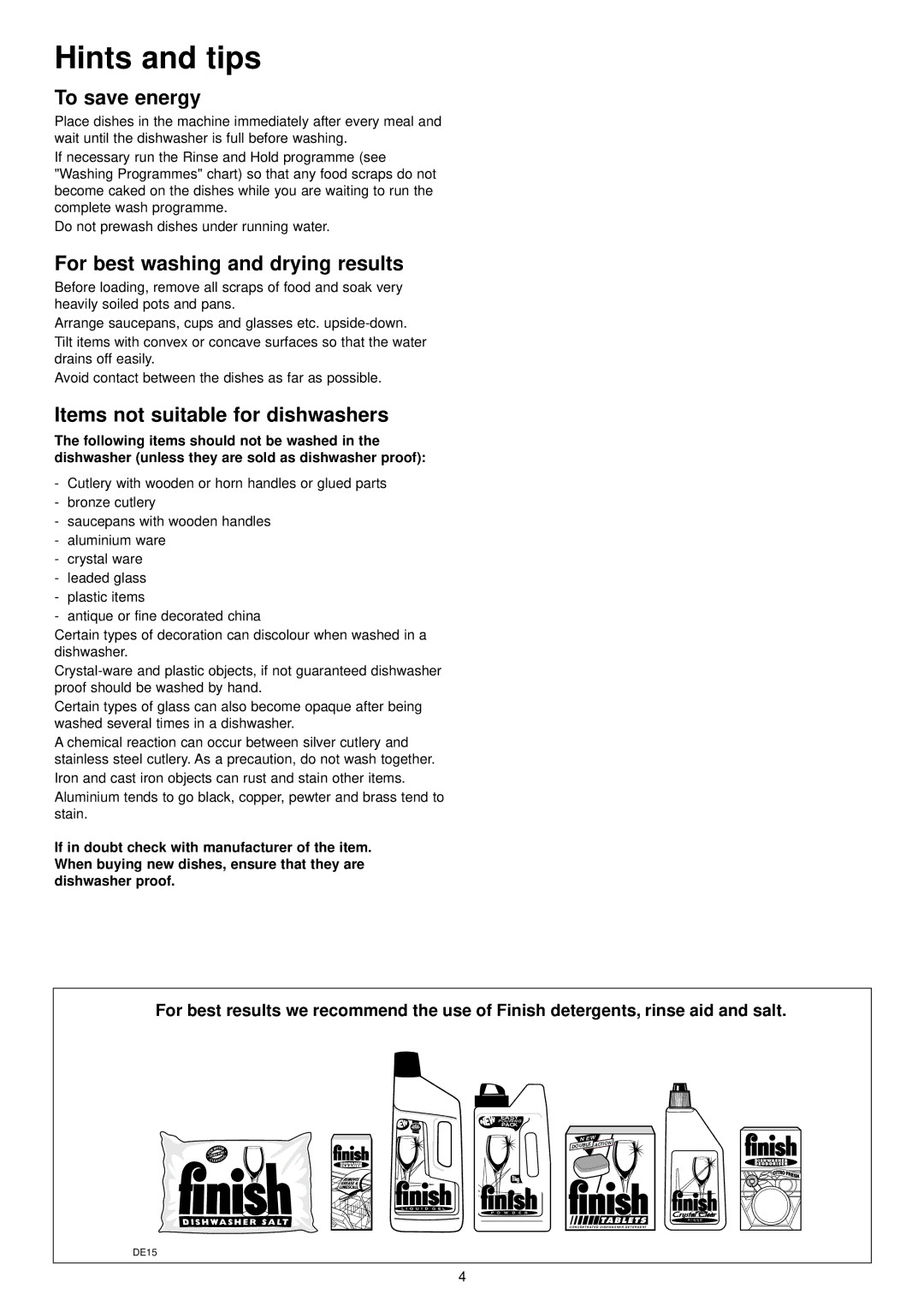 Zanussi DA 4131 Hints and tips, To save energy, For best washing and drying results, Items not suitable for dishwashers 