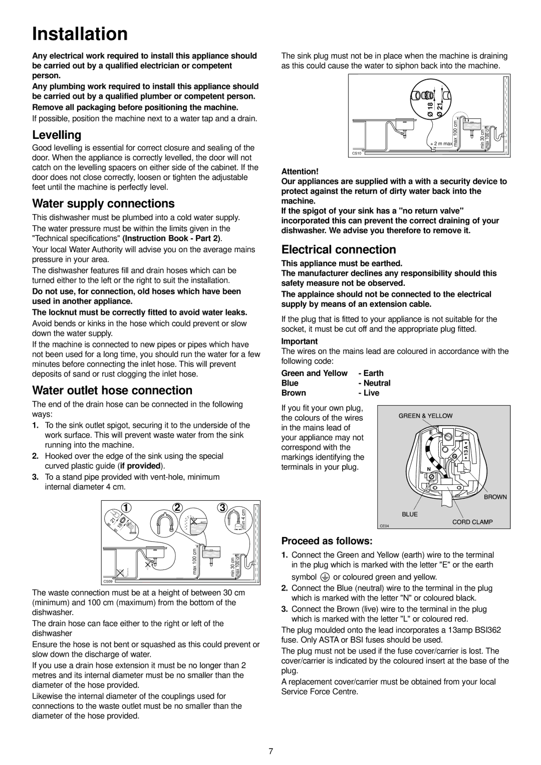 Zanussi DA 4131 manual Installation, Water supply connections, Electrical connection, Water outlet hose connection 