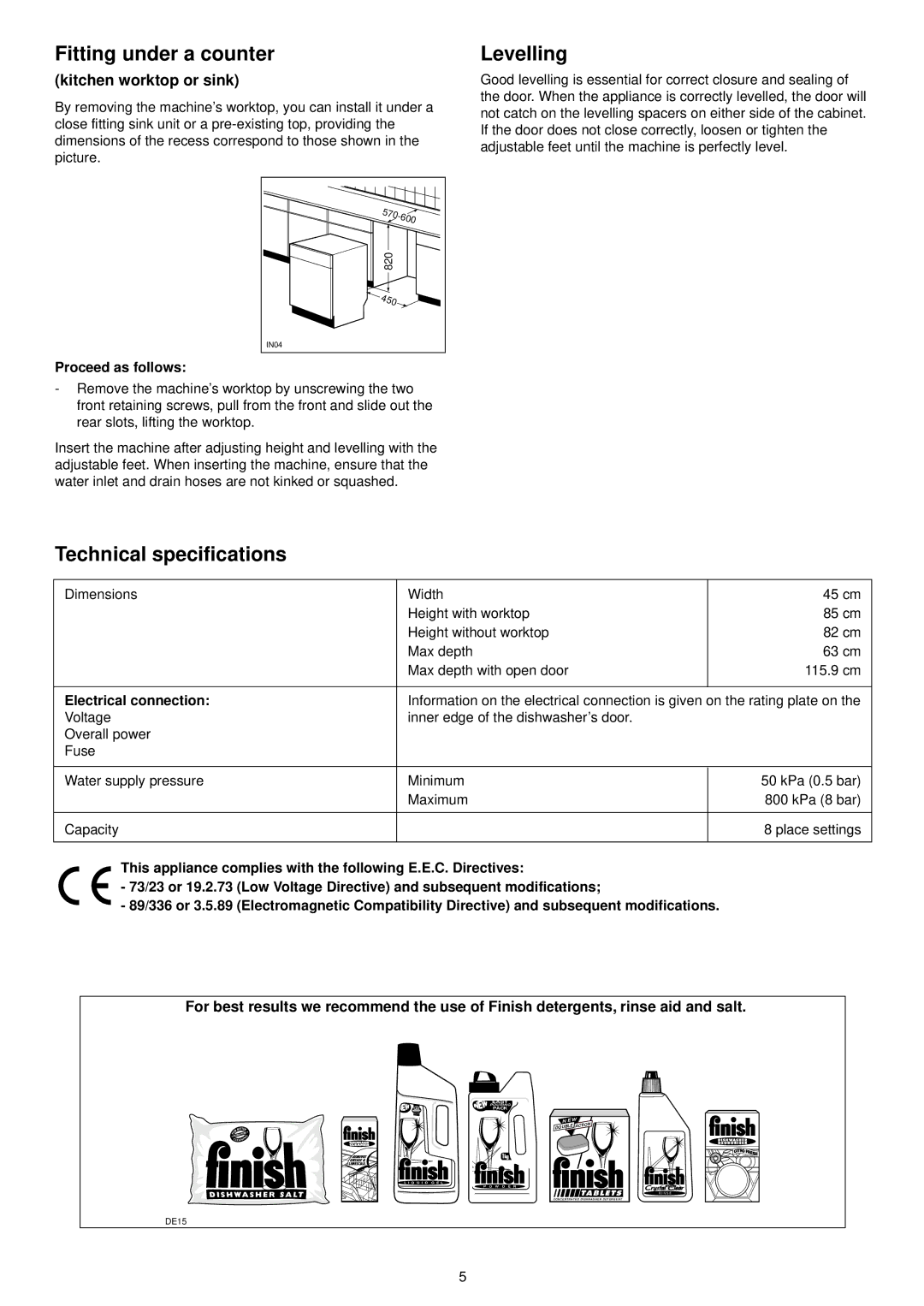 Zanussi DA 4131 Fitting under a counter, Levelling, Technical specifications, Proceed as follows, Electrical connection 